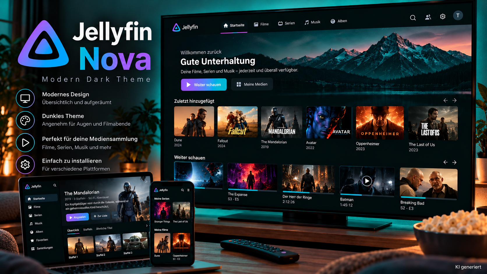 Jellyfin Nova Theme – Dark Design der Medienoberfläche Jellyfin Nova Theme – dunkle Jellyfin-Weboberfläche für Filme und Serien